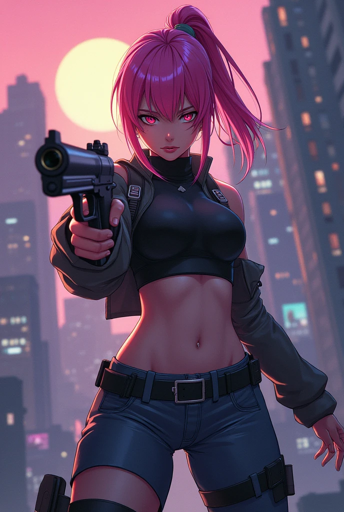 Pop Culture Art,NSFW,Manga,Cyborg Woman to NSFW,erotic posing,fantrome,Hentai,kawaii,Stylish,cunt,busty,Glamour,pink tones,Psychedelic Costume,Armored,Cyberpunk dystopian girl,Fantastic Dystopia,Dystopian landscape,bladerunner,Ghost in the Shell,Photorealistic,Psychedelic and colorful tones,Posing,Armed,guns,masterpiece,ultimate detailed,8K,Detailed background