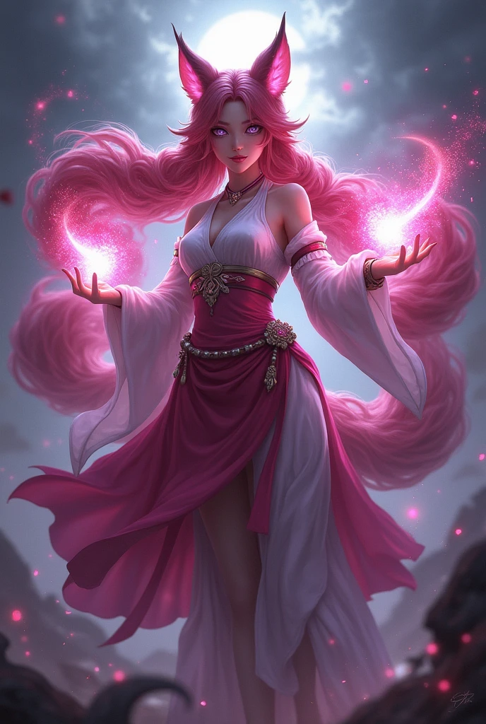 League of Legends Ahri, smiling magical nine tailed detailed Beautiful Human kitsune, Magical Pink hearts floating the air, Swirling Mystical ball of energy in hands, ethereal magic coming off the body, intricately detailed, dramatic, a masterpiece, 8k resolution, fantasy concept art, dynamic lighting, hyperdetailed, intricately detailed, trending on Artstation, deep color, Unreal Engine, volumetric lighting