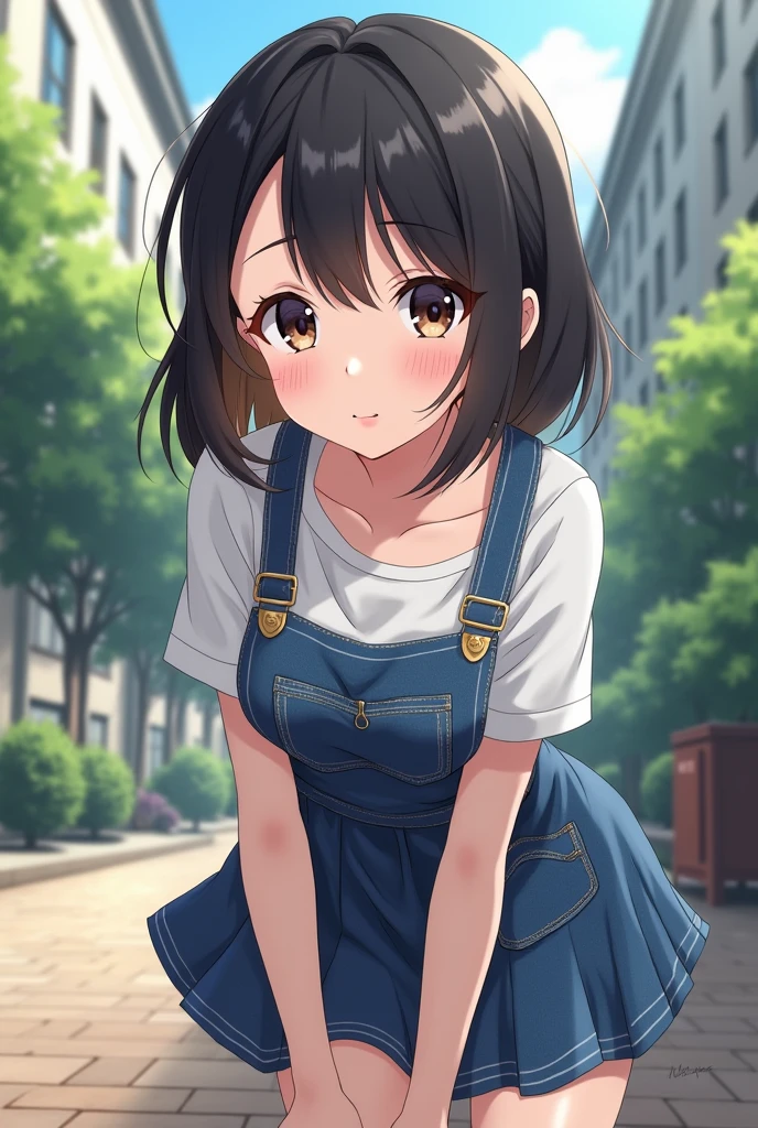 (masterpiece), (best quality), intricate detail, <lora:onodera sayaka:1>, (onodera sayaka:1), 1girl, solo, from back, short hair, black hair, blunt bangs, smile, open mouth, one eye closed, (detailed face), brown eyes, looking at viewer, denim overalls, detailed background,