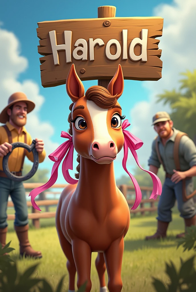 A humorous and engaging scene featuring Harold, a young brown foal, with a sarcastic expression as pink ribbons are tied in his mane. Surrounding him are exaggerated elements from his story: a racetrack in the distance, a looming farrier holding a horseshoe, and a large wooden sign reading "Harold" above his head. The background blends a sunny pasture with a wooden fence, hinting at his escape plan. The overall tone should be whimsical and fun, with vibrant colors to catch attention.