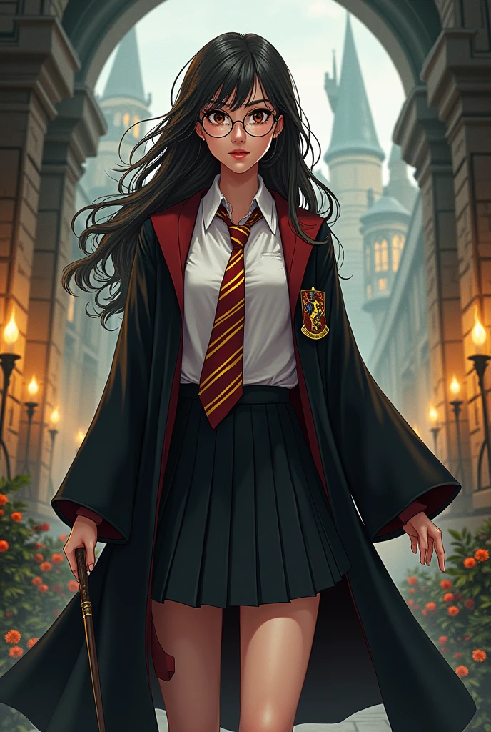 ((Solo)), female, long black hair, blue eyes, with gryffindor uniform dr harry potter, glasses, beautiful look, delicate face, little heart necklace, large thighs, medium breasts, holding a wand releasing magic, a magic book that is floating beside her