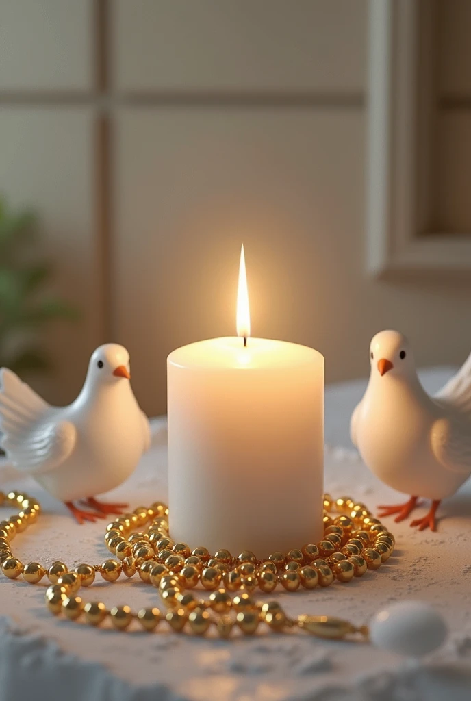 A close-up of a lit candle and a white dove, symbolizing peace and hope. The background is a dark environment that highlights the candle light, creating an atmosphere of calm and reflection.