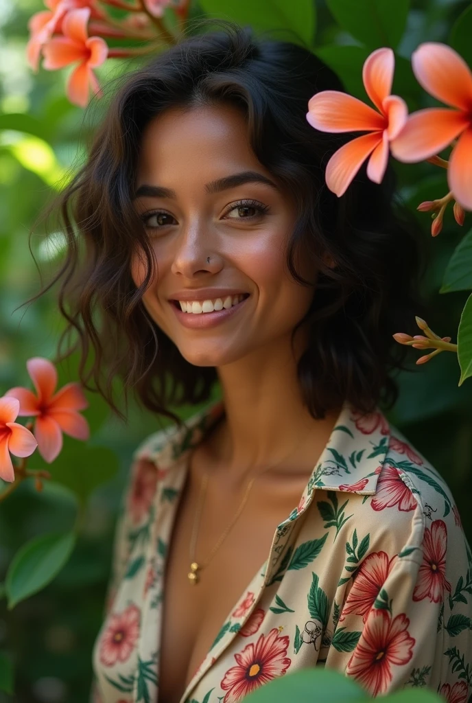 A Brazilian woman in a lush tropical garden, wearing an open shirt with a floral print, with a close-up capturing the harmonious beauty between her breasts and the natural flowers, showing off your natural charm and outgoing personality.