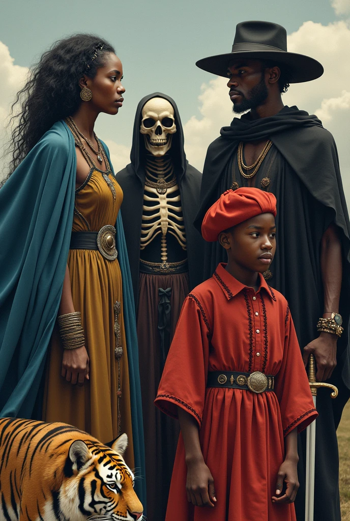 Create an image of Exu with black clothing and a black hat, next to him a Pombagira with a red dress and black details. To complement the trio, a black child with a black cape and hood