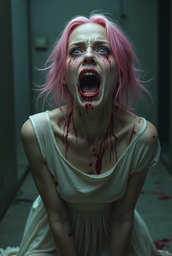 Wheelchair girl, gothic with blue hair and yellow, naked all bleeding