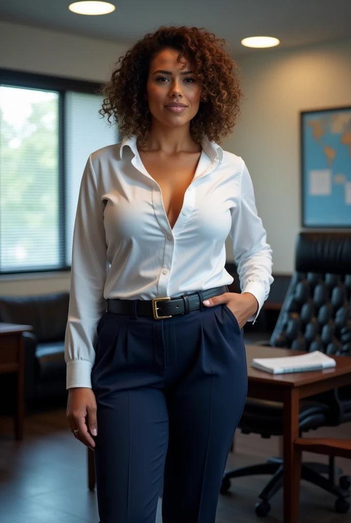 black woman, wearing short skirt and low cut blouse, wavy skirt, showing cleavage, large breasts, wearing glasses