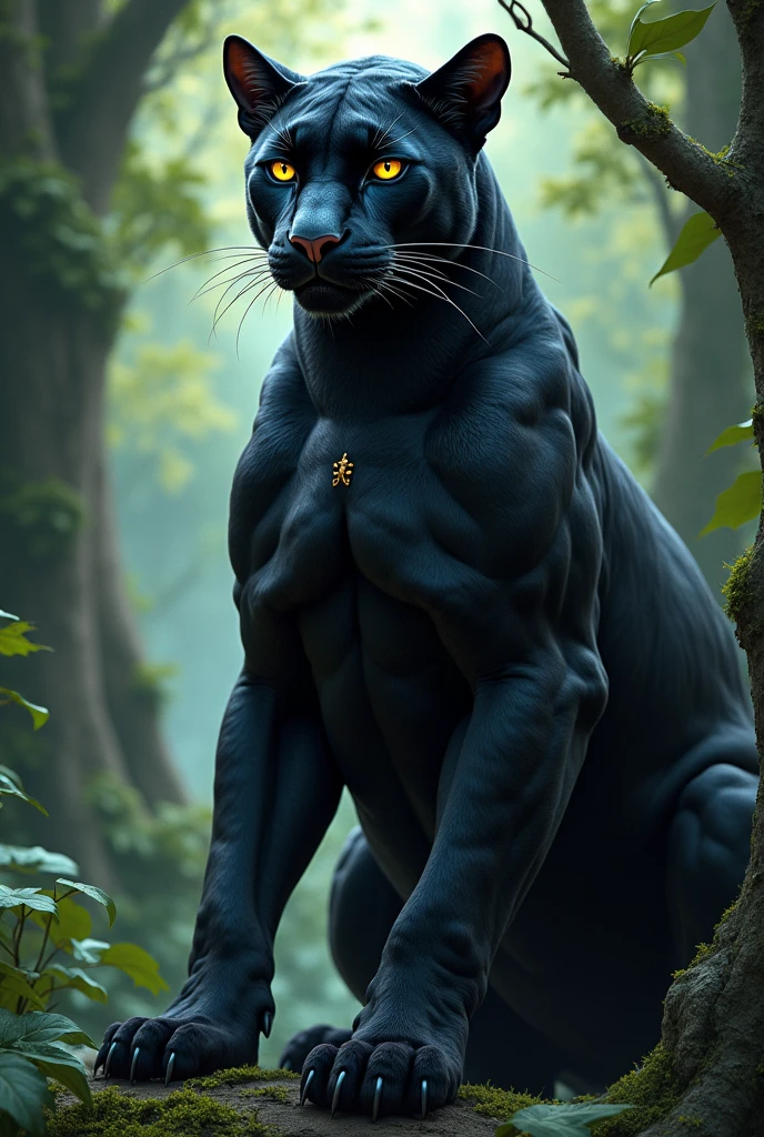One night in the rainforest in a tree there is a black panther 