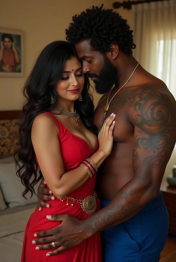Newly wed couple, hot curvy south indian thick milf with long black hair, big breast, big hip, big ass, thick thighs, woman wearing saree, indian couple, very short brown man with buzz cut, very big muscular body and beard, man wearing shorts, woman with man, couple in a big villa, high resolution, looking at camera, tall woman and short man, romantic duo