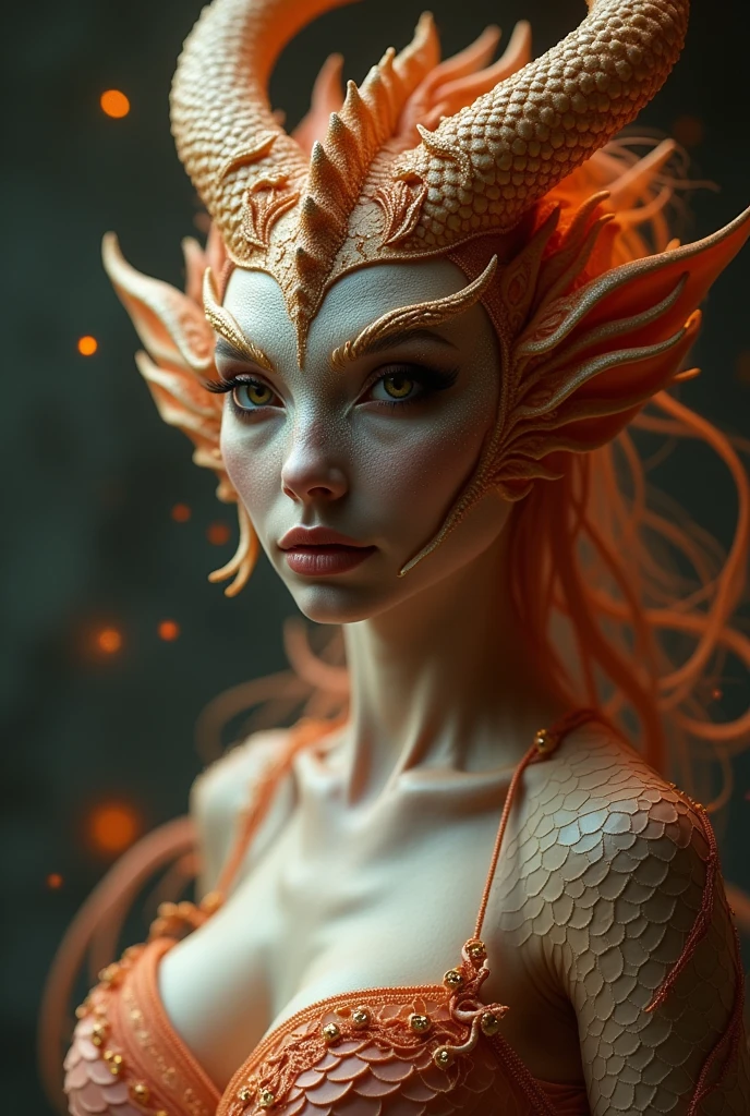 (1 female Alien: 1.2), With a beautiful, enchanting face, this alien seduces us with her allure. Her captivating red eyes gleam brightly, reminiscent of burning embers. Her full body is unlike any human's, boasting a sexy, otherworldly form. No humans are present in this scene as she stands alone, her cells fused in a unique and intriguing extraterrestrial way.
(extraordinary beautiful nude photo:1.4), (glowing orange eyes:1.5), (sexy and glamorous:1.1), (coquettish expression:1.2), toned lean body, muscular, beautiful abs, beautiful nipples, She has lots of iridescent translucent tentacles instead of hair, pale skin, white skin with prominent veins,
Lots of iridescent translucent tentacles adorn her body, shimmering under the dramatic lighting. Her pale skin, with a hint of translucency, adds to her ethereal allure. This masterpiece, rendered in