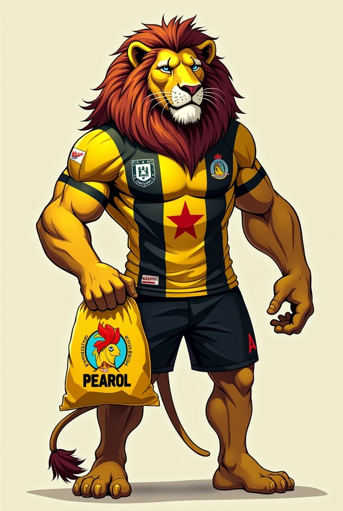 I want a drawing of a muscular lion from the waist up, half cartoon and half realistic, smiling., wearing a yellow shirt with the number 40 in red in the middle and red pants, making the letter V with the two fingers of the right hand