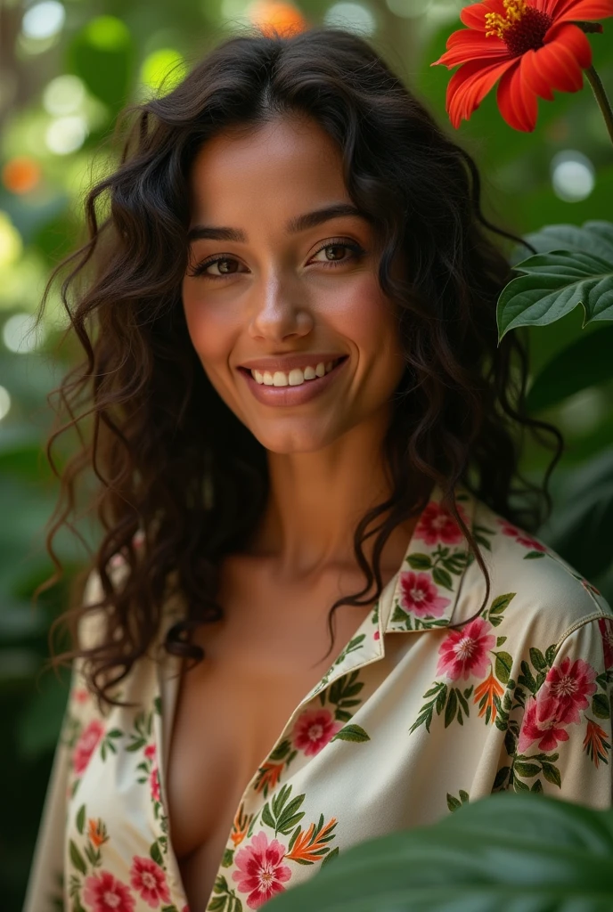 A Brazilian woman in a lush tropical garden, wearing an open shirt with a floral print, with a close-up capturing the harmonious beauty between her breasts and the natural flowers, showing off your natural charm and outgoing personality.