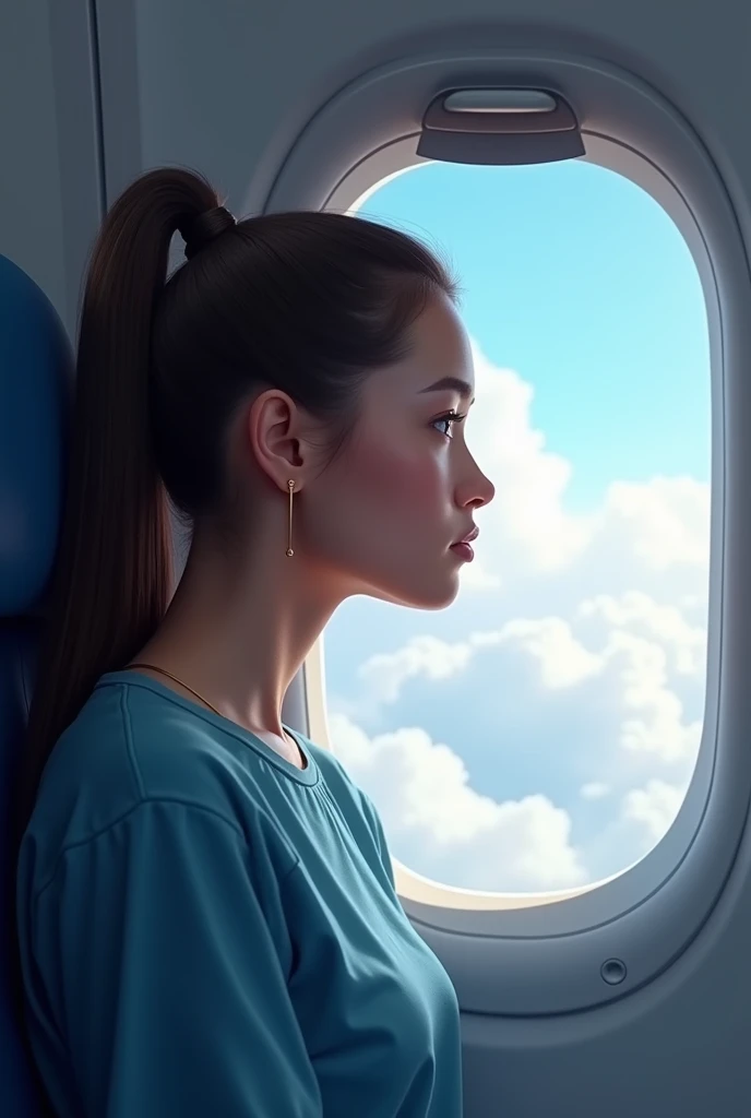 A sad  young woman on an airplane , 3d , pixar style,  cinematic, masterpiece, realistic 