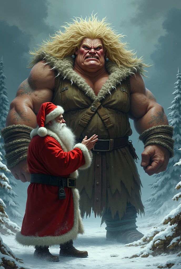 An ice orc and a little and pretty winter fairy, realistic