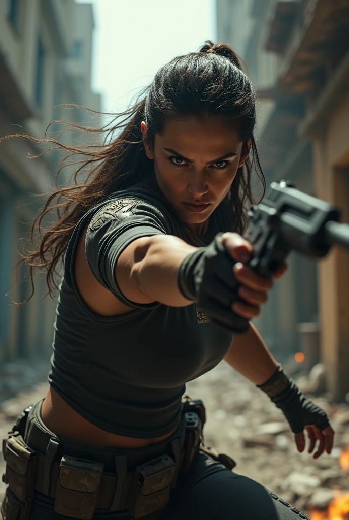 ((CINEMATIC ACTION SHOT)) close-up (shot by Michael Bay:1.4)(35mm, F/2.8) (Latina supermodel is a movie star, leather pants, dirty white tank top, boots) (burning city) (explosions background, jumping from a burning building, lens flare) (insanely detailed and intricate, character, hypermaximalist, elegant, ornate, beautiful, exotic, revealing, appealing, attractive, amative, hyper realistic, super detailed, trending on flickr)(close-up) lens flare, destruction, halo, burn effects , mouth open