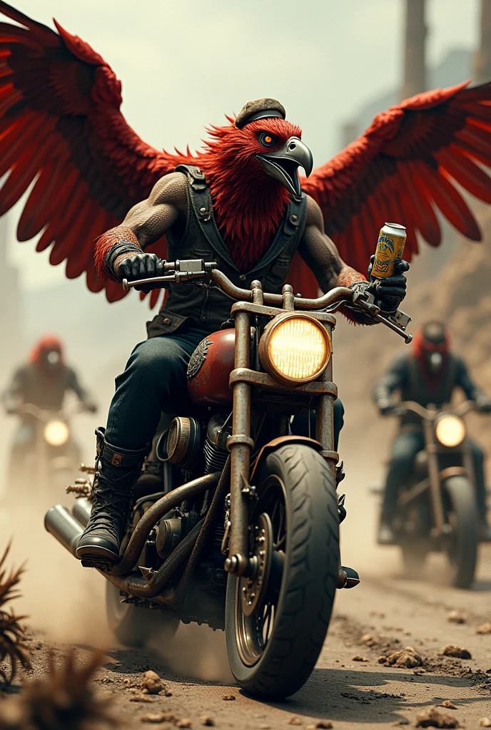 den, rooster bird, male, adult, veiny muscles, defined body, toned muscles, dark black pants, terrorist, bandit, criminal, pirate, serious look, fierce look, small eye, black feathered body, white feathers, den, pig, male, adult, veiny muscles, defined body, toned muscles, dark black pants, terrorist, bandit, criminal, pirate, serious look, fierce look, small eye, black feathered body, white feathers detailed background, wild background, clear weather, realistic, photorealistic, ultra realistic, 8k, bare chest, black nipples, tight crotch, shirtless, utility belt, shiny skin, torso tattoo, long feathers, unbuttoned black vest, riding a white Yamaha motorcycle with smoke coming out of it, in the city,