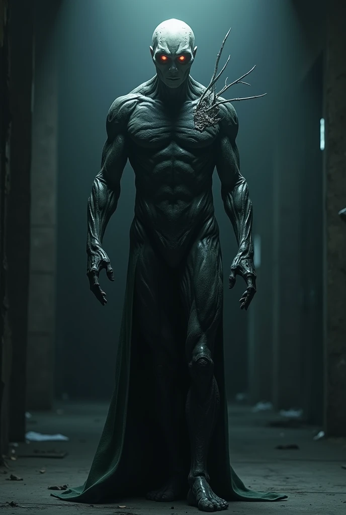  massive 8 feet tall muscled bald hairless mutated semi-orc-troglodyte like human with cracked desiccated skin he has a few large organic spike protrusions made of his desiccated skin on his arms and back, ready for battle to crush his prey, (masterpiece) ( 8K resolution) low light, monotone muted colors, wide angle lens perspective distortion shallow depth of focus ultra high quality photography best quality, ultra photo realistic, ((shallow depth of field focus)) ultra high quality photography best quality, scary
