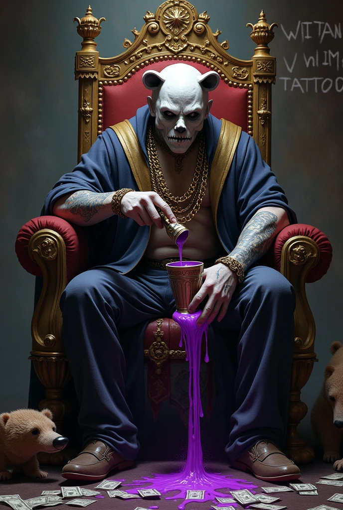 I want a realistic photo featuring a handsome, muscular man with blue skin, tattoos, and gold necklaces. The man has the head of a snake and is sitting on a throne. Around him, there are skulls, and lying on the ground are defeated hero characters, including a gorilla, panda, and raccoon. The character sitting on the throne is holding an otter. Next to the throne, there's a gold-plated AK-47, and he has a cigar in his mouth. On the other side of the throne, a beautiful blonde Italian woman with fair skin is hugging him from behind. There will also be a dead gorilla and panda on the ground, along with an otter and a raccoon.
