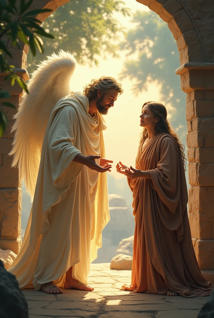 an angel with the appearance of a man talking to a woman from biblical times 