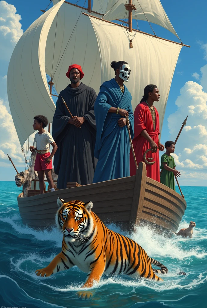 African man in slave chains, his wife and stand at the bank of the sea crying as the slave ship sail