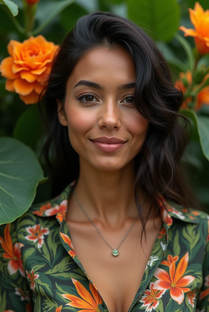 A Brazilian woman in a lush tropical garden, wearing an open shirt with a floral print, with a close-up capturing the harmonious beauty between her breasts and the natural flowers, showing off your natural charm and outgoing personality.