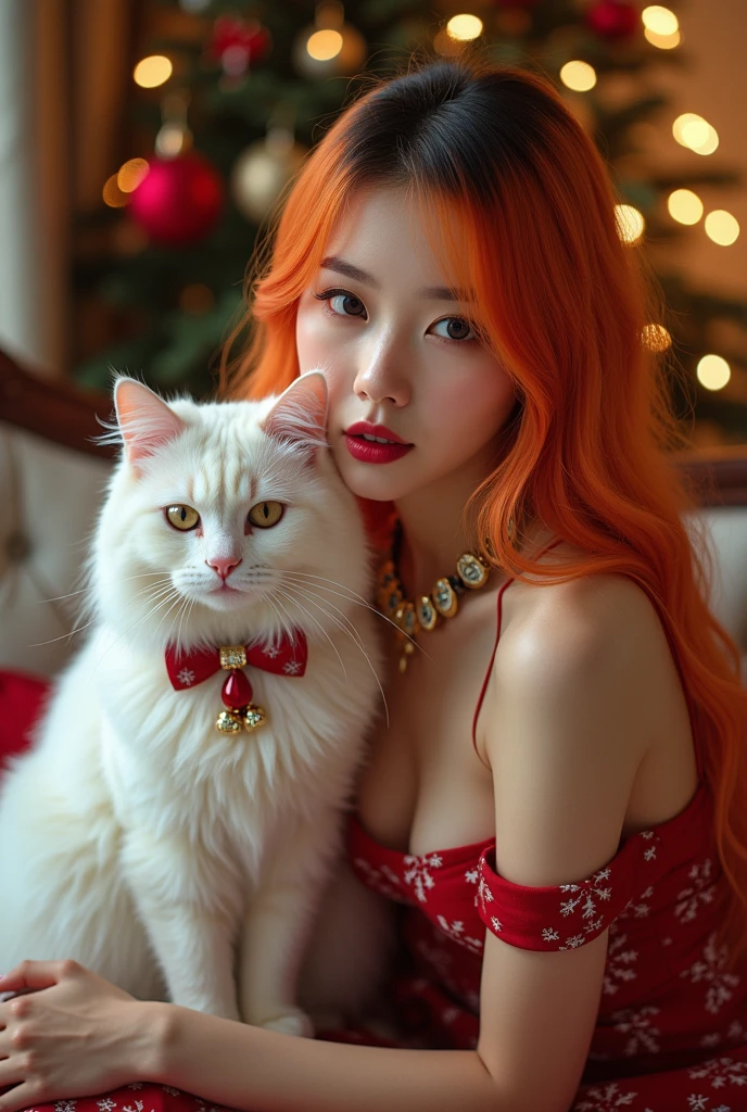 Korean woman with long red hair smiling, Cat's ears, face photo, Inside the house