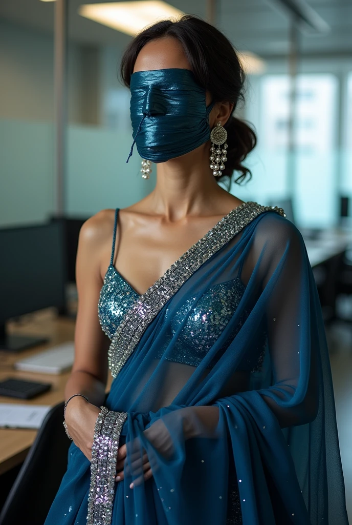 Best quality, masterpiece, portrait, young Indian woman, looking straight at viewer, wearing simple blue floral strapless gown, wearing black face mask, standing, detailed face, detailed body, short height, symmetric face, big cute eyes, dynamic pose, tattooed hands, deep cleavage, perfect anatomy, photorealistic, slim body, black braid hair, 8k, ultra realistic, wide desktop wallpaper, ambient occlusion