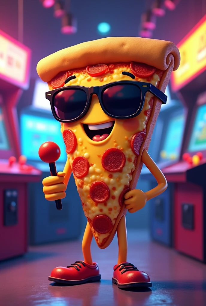 A pizza wearing glasses riding a skateboard doing a triple flip