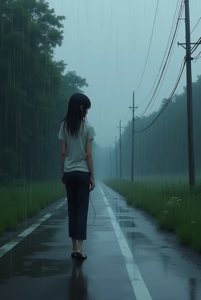 A girl stay on road when rain