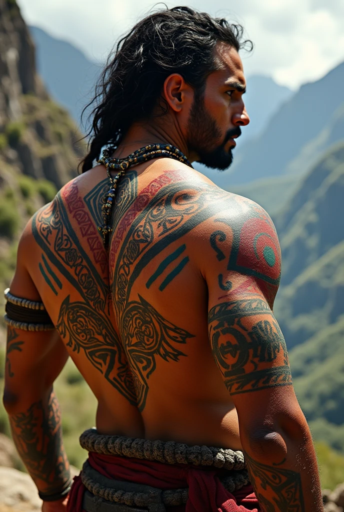 A Mongolian boy of 28 years old with long hair and shiva tattoo on his right arm looking at the lake from his back side