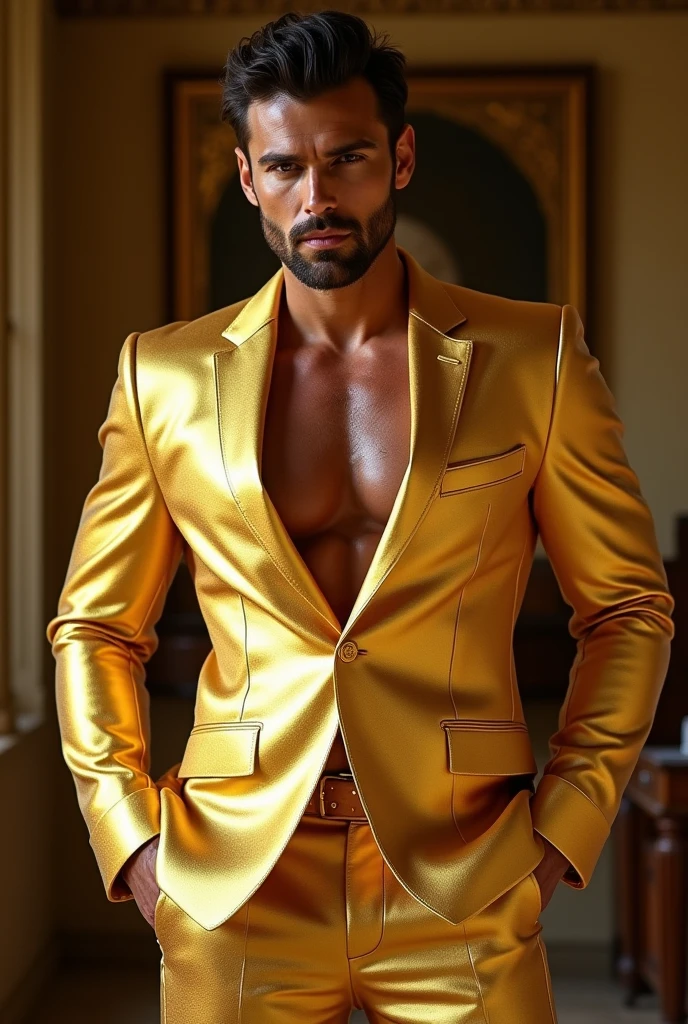 Ian Somerhalder as the King of Hearts , red king costume with gold details, open blouse with visible physique , sexly , provocative , vilgar .