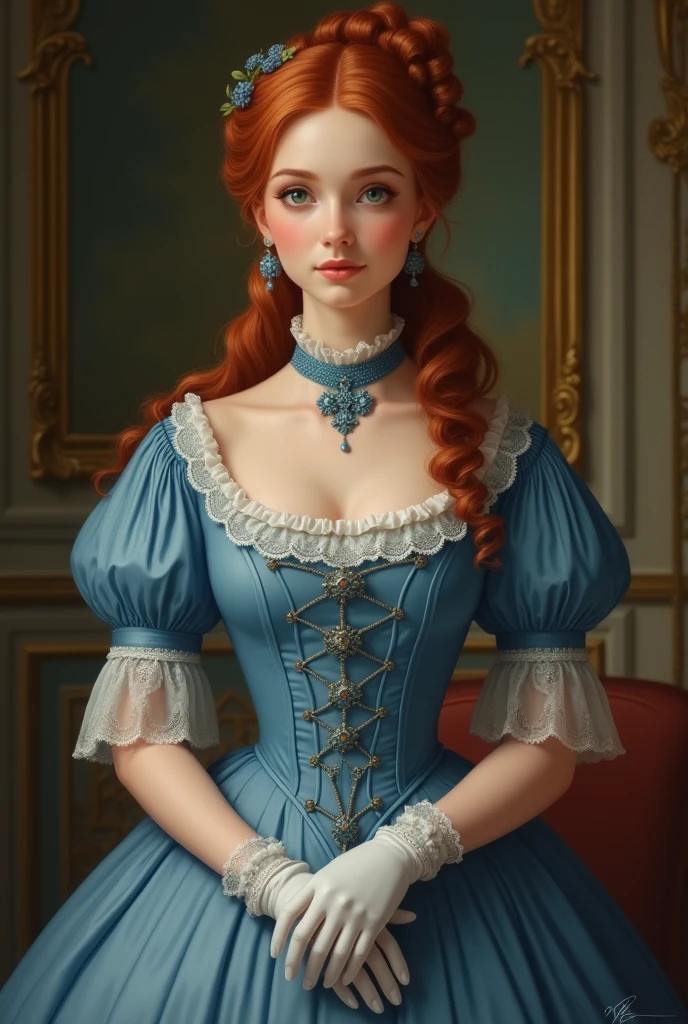 Portrait of a beautiful victorian noblewoman detective in a beautiful garden, 19th century, light chestnut hair in elaborate bun, clear eyes, beautiful face, very detailed eyes, large jewelled broach at throat, elaborate and highly detailed high neckline up to chin deep azure dress with large puffed leg of mutton sleeves, English style, English beauty, by artist Harrison Fisher, trending on artstation, sharp focus, studio photo, intricate details, highly detailed, by greg rutkowski victorian 19th century Light grey beautiful eyes clear detailed intricate, acrylic painting, trending on pixiv fanbox, palette knife and brush strokes, style of makoto shinkai jamie wyeth james gilleard edward hopper greg rutkowski studio ghibli genshin impact<lora:xl_more_art-full_v1:0.5>