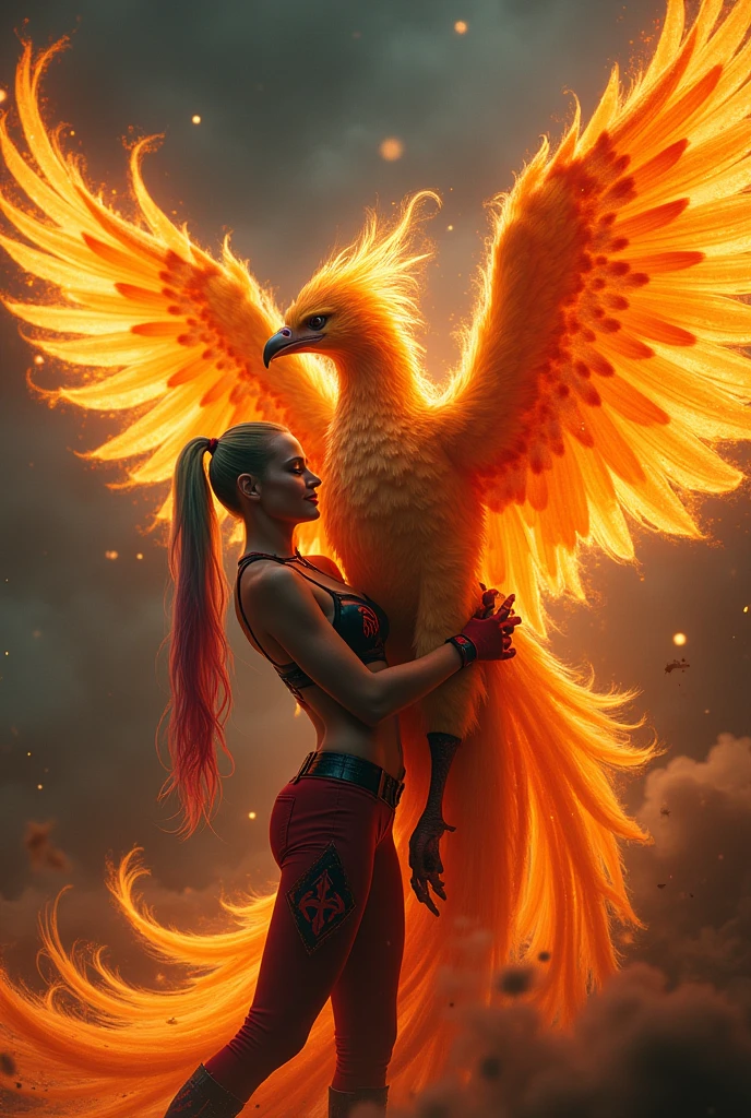 (masterpiece, top quality, best quality, official art, beautiful and aesthetic:1.2), extreme detailed, (Glowing ambiance, enchanting radiance, luminous lighting, ethereal atmosphere, mesmerizing glow, evocative hues, captivating coloration, dramatic lighting, enchanting aura), extreme detailed, soft nature lights, hyper detailed, soft colors,, 1girl, solo, Russian, (Anger,looking up, Golden eyes, high detail skin, real skin, skin texture:1.3), (Ginger Voluminous curls:1.1), light passing through hair, (krface1:1.2), (feet out of frame:1.5), Tall, (small breasts:0.9), nice hands, perfect hands, <lora:GoodHands-beta2:1> (Transparent, pearly gates through which souls enter into their eternal reward:1.5), <lora:PhoenixSora:0.5> , ((Phoenix of Sora, BJ_Sacred_beast, giant phoenix, fire, burning, flaming eye, glowing:1.2), Vermilion Canvas Cropped tank top, Dark yellow Tweed Wrap-around skirt, Boots, Nameplate necklace ,,:1.2),