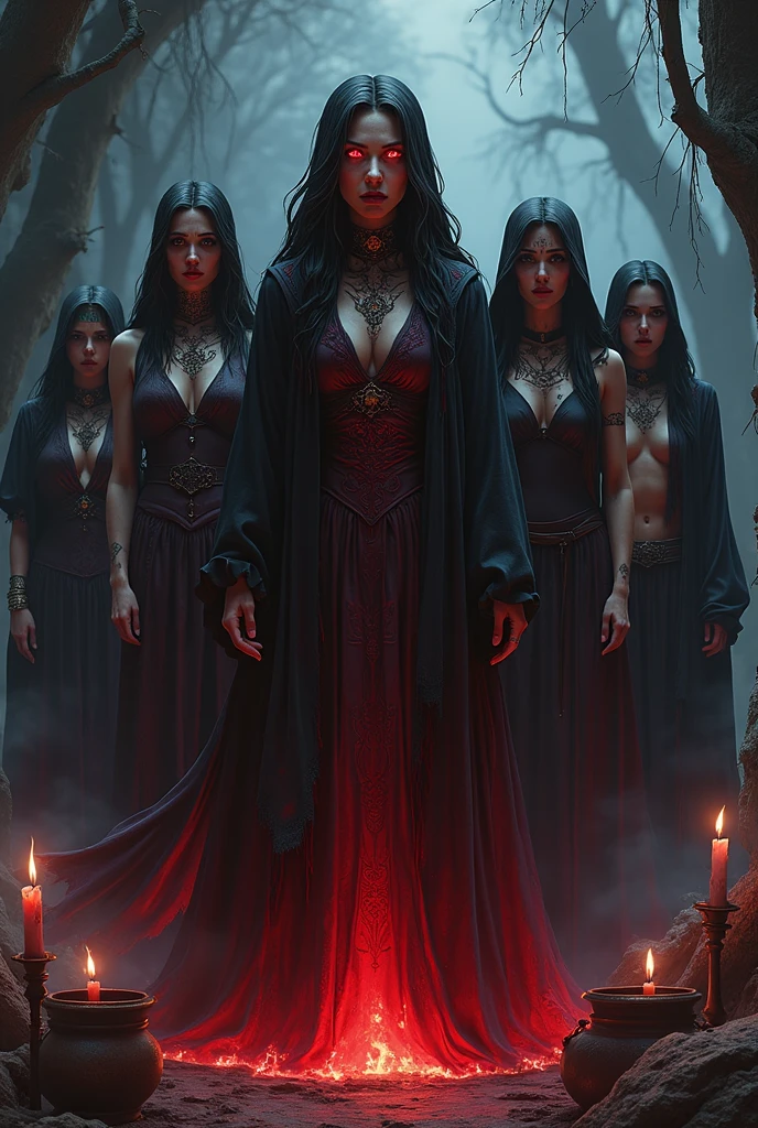 a witch woman inside a pentagram circle who together with a demon are carrying out a ritual to evoke evil spirits