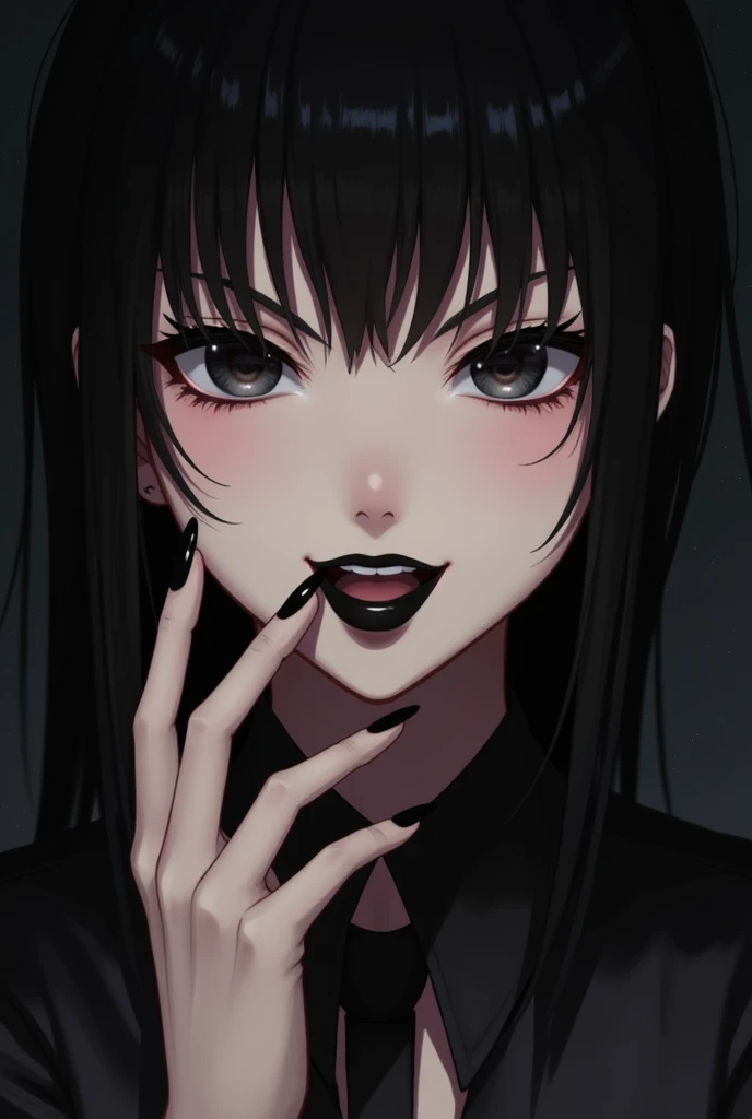 1girl, goth, goth makeup, slanted bangs, mascara, black lips, tongue out, living room, sitting, looking up, ahg, rolling eyes, full body shot