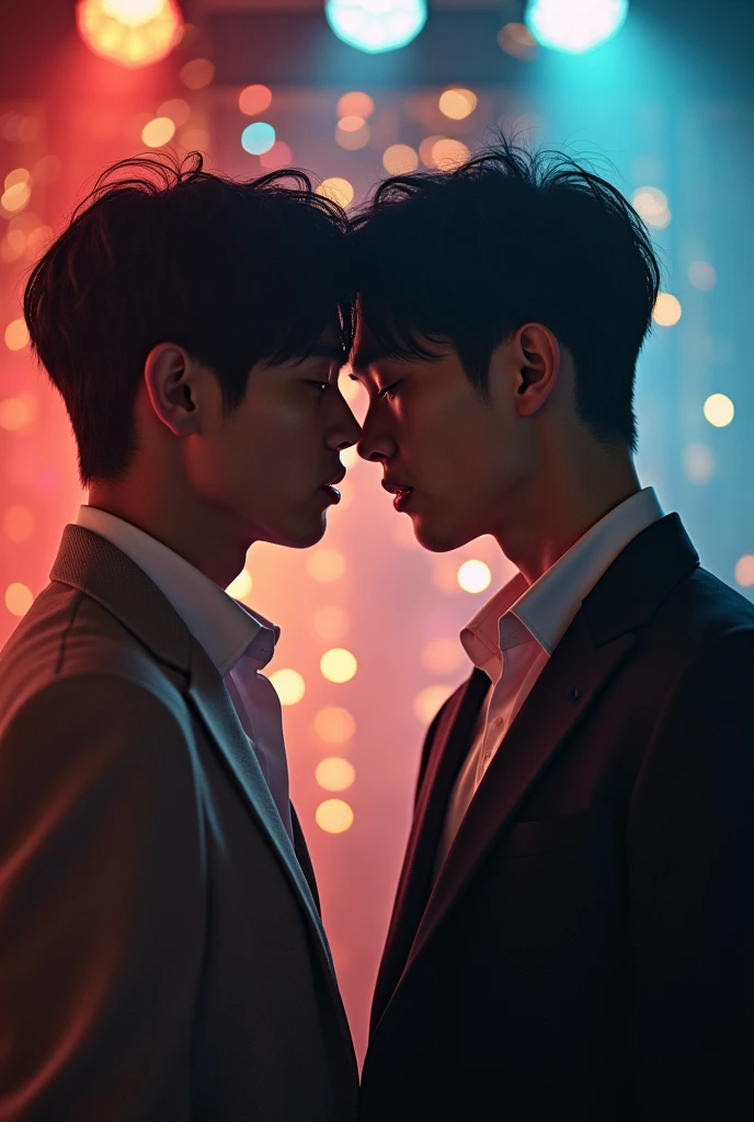 Can you make me the cover of a book where the two men are in love and meet again, one of the boys is Korean brown hair is like Taehyung from bts and the other is like jungkook from bts, You can put them on a balcony at a night party