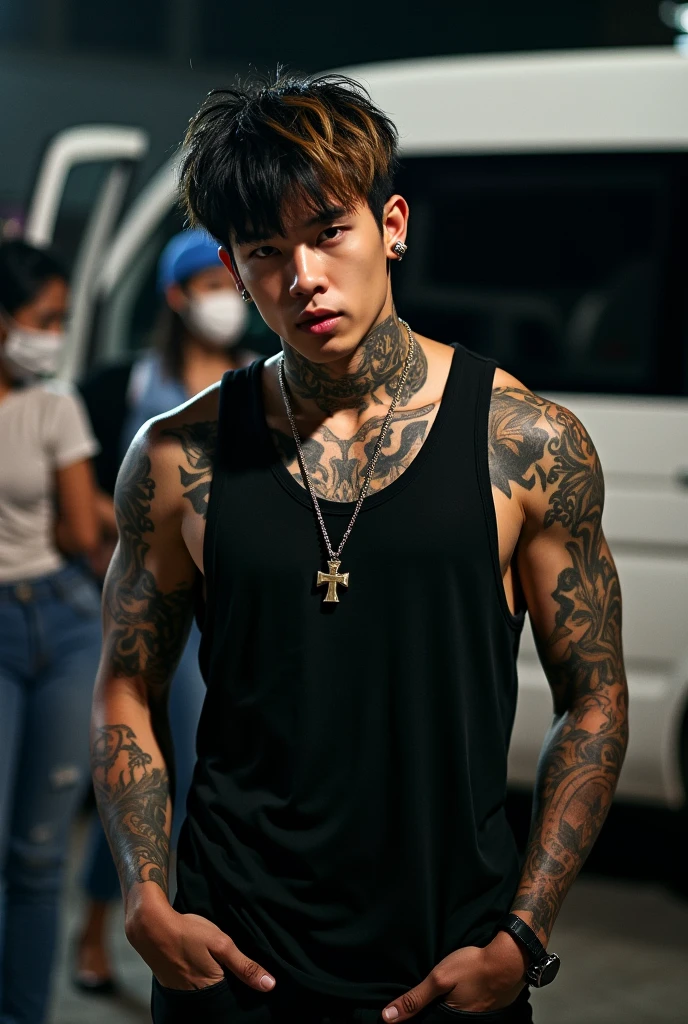 Masterpiece, Young Asian Man, His toned abdominal muscles were prominently displayed., Covered in intricate full-body tattoos. , Black cloth pants with a vibrant red sash tied around his waist., Standing defiantly in the pouring rain., His intense red eyes reflected a fierce determination., A glowing aura surrounded his fist as he prepared to strike., Sweat dripped off his chiseled features., Shot in the highest realism with meticulous detail., Behind him, a menacing shadow loomed., Cast by the ominous figure of a demon with piercing red eyes., Captured using a DSLR camera with Super 35 HDR technology., Ill
