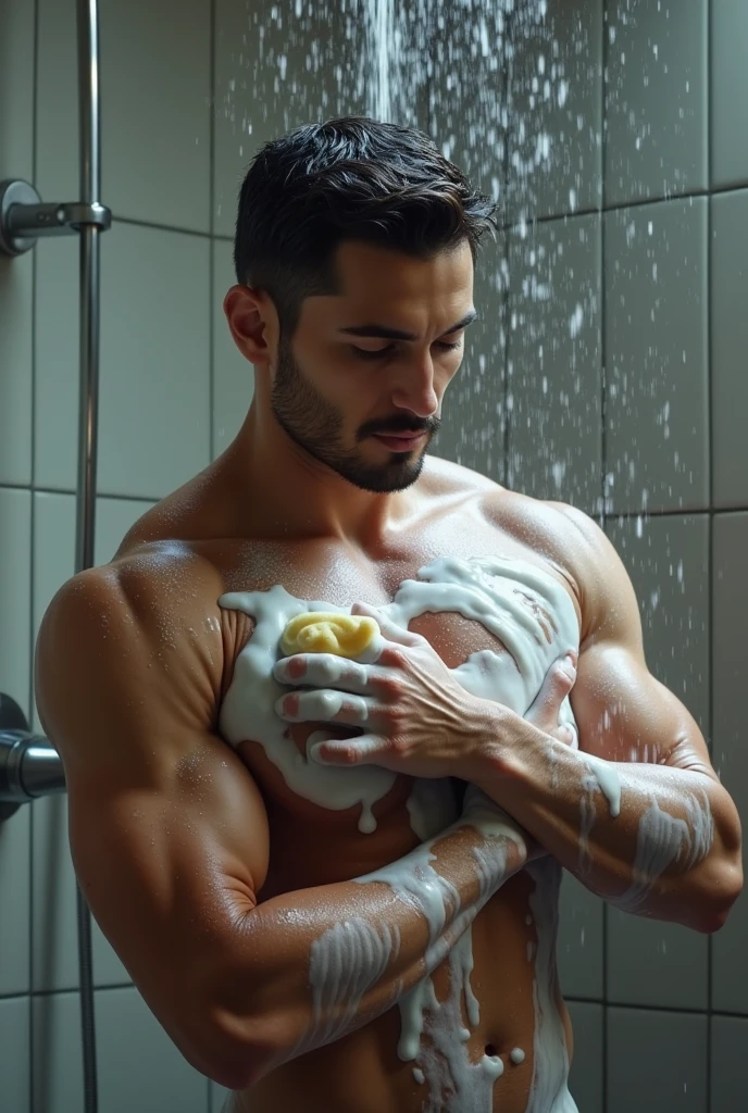 ((Man in the shower, Bubble bath, foamy)), Male, Tik, ,swim trunks，musculature，short white detailed hair。frontage，Sun-protective clothing，chest muscle，Abs