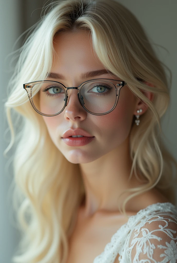 As the camera pans around the classroom, the magical bokeh of the lights creates a dreamlike atmosphere. In the center of the room is a nerdy goddess with big glasses and blonde hair full of curls., boca grande, fleshy lips and blue eyes. She wears a shirt with a generous neckline, drawing attention to her large breasts., adding a touch of mystery to its already intriguing presence. The toxic punk runes on your skin seem to come to life, its intricate details adding to the overall cinematic feel of the scene.