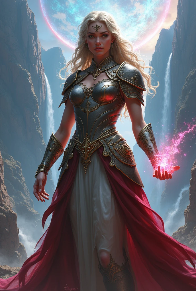 female barefoot summoner levitating with blonde hair robes and cape arms lifted up over a broken earth bright lava light from below asteroid field (jagged rocks boulders and debris shooting into the air:1.3) (windy dust debris storm:1.1) volumetric fog mist ray tracing z pass bright light from below, (masterpiece) (best quality) (detailed) (8k) (cinematic lighting) (sharp focus) (intricate)