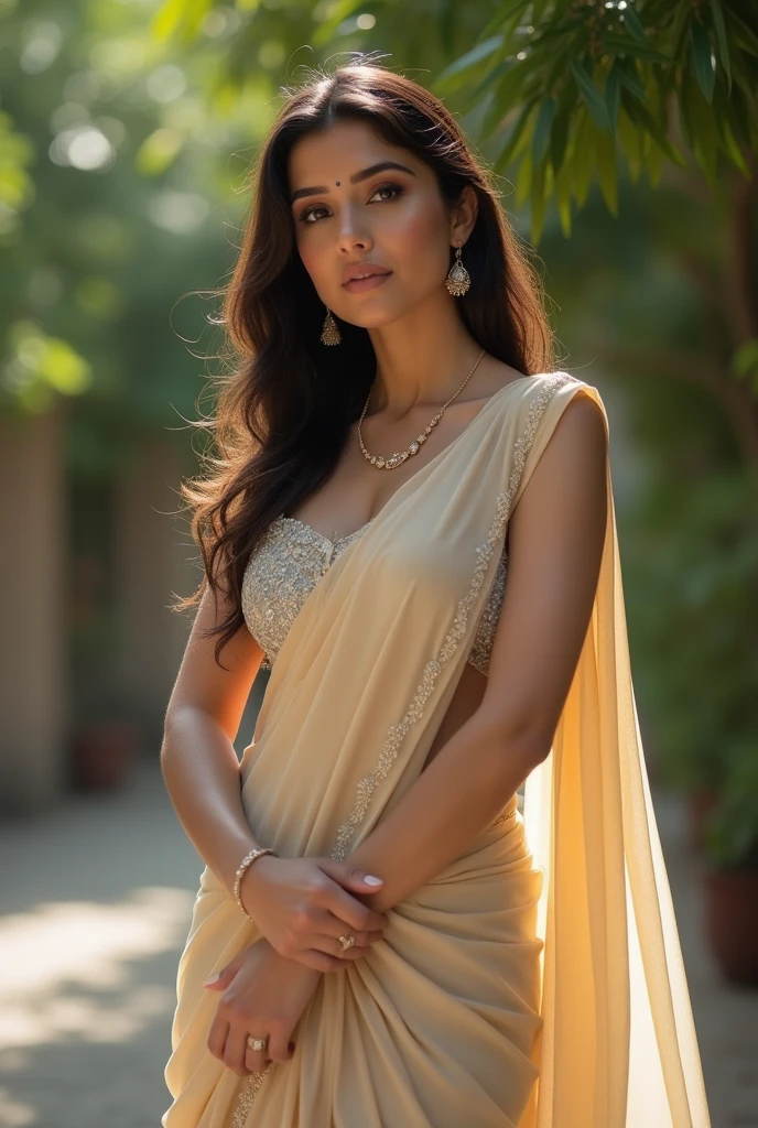 Portrait of A confident-looking indian girl with long flowing hair, hazel eyes, fair composition, hyperrealistic, super detailed, 8k, high quality, trending art, looking for a love and passion, westen dress, yellow dress, medium breasts, garden, qutub minar delhi, day light, sun