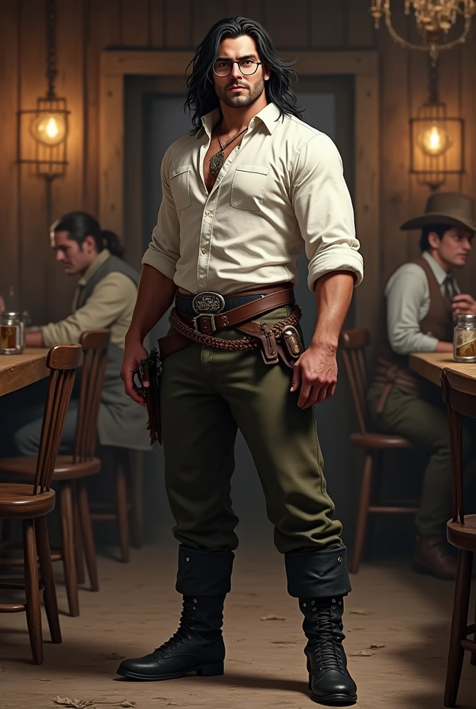 I would like a full-body image , A young adult man, defined body, With long dark hair behind, no mustache,no beard, round glasses, wearing mercenary clothing with a white shirt underneath , black leather boots , realistic, I would like her to have a mature style and for the art to be in the style of a fantasy RPG set in a tavern in the Wild West.