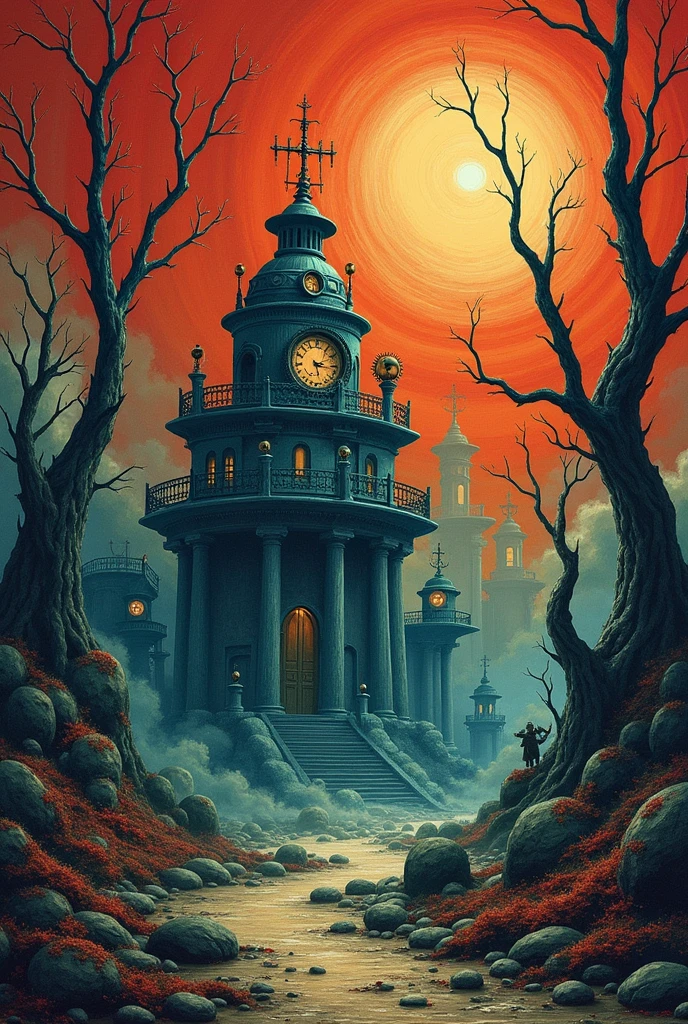 (best quality:1.5), (Masterpiece:1.2), surreal image of a gouache painting depicting a hellish landscape, realistic shaded perfect, fine details. realistic shaded lighting, surreal horror robot by Mark Ryden, Agnes Cecile and Canaletto, Remedios Varo Steampunk trees in the style of Charles Addams and Tim Burton, ice cogs and machinery, William Stout, Mike Ploog, Charles Marion Russell, maximalist, cute, colorful