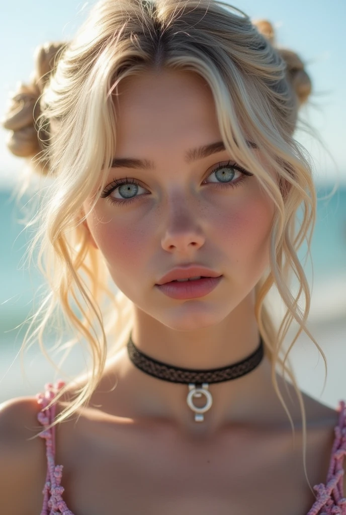Portrait of a curvy blonde, bob hairstyle, light hair, round face, green eyes, very full lips, delicate makeup, pink lips, looking at viewer, wearing a white T-shirt, on the beach, sunny day