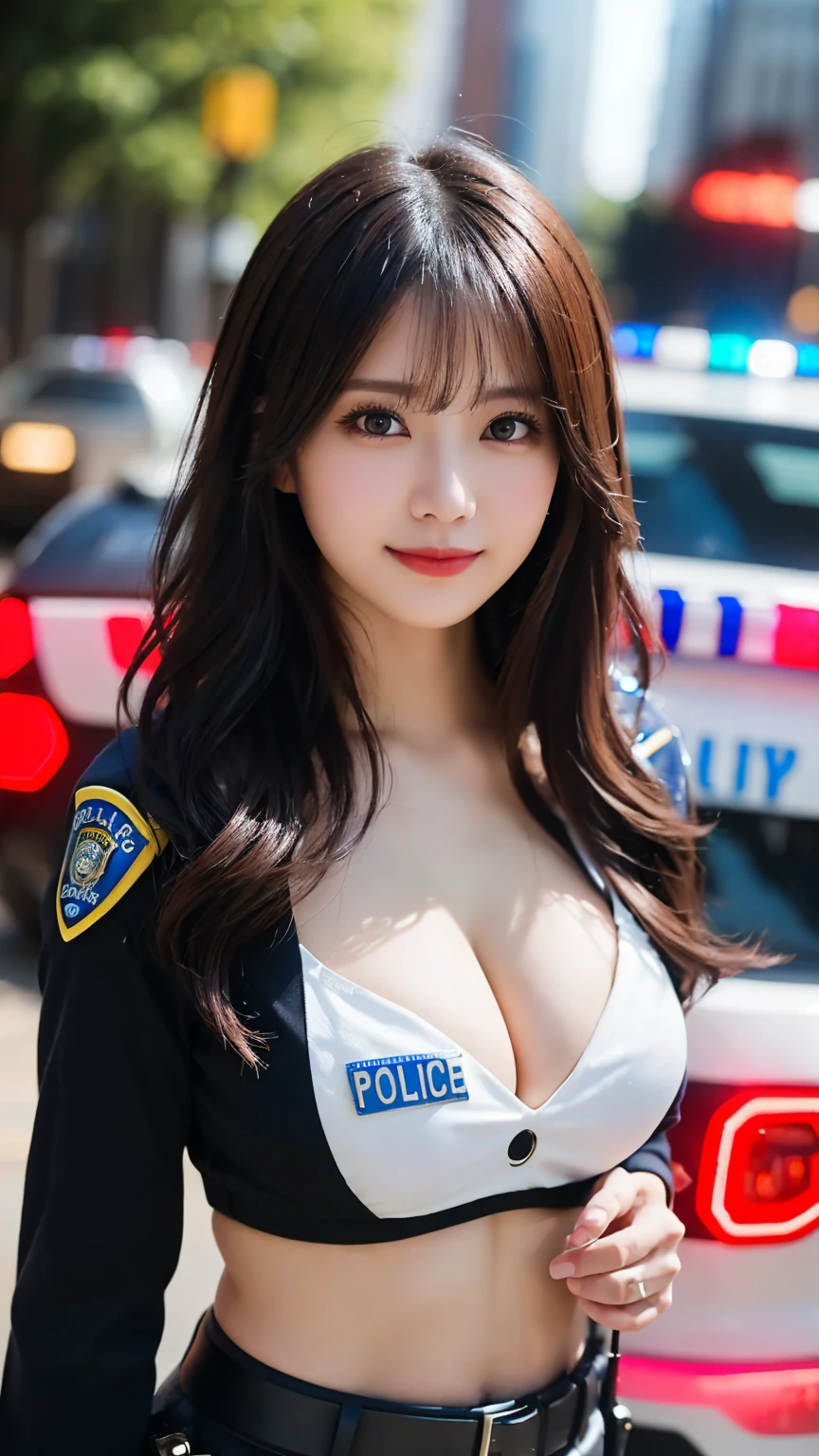 ( miniskapolis cosplay : 1.5), (police car background  : 1.5), (Delicate and realistic hair, Realistic black Hair), bangs, smile, ((white indoor)), ( 18 year old female : 1. 2), young and adorable Japanese face, Official Art, high definition CG Unity 8k wallpaper,Ultra high definition ,Very detailed, half photos with Brazil, high definition , Kodak Portrait 400, film grain , lens flare glow, best quality,8k, as a portrait shot,8k, Show viewer , ((masterpiece)), (( best quality)), ( super detailed), ((cute)), (( sexy)), (( Very detailedな)), (detailed clothing features), (beautiful), Illustration, beautiful Japanese woman, ((1 female)), (Bold Cleavage : 1.3)