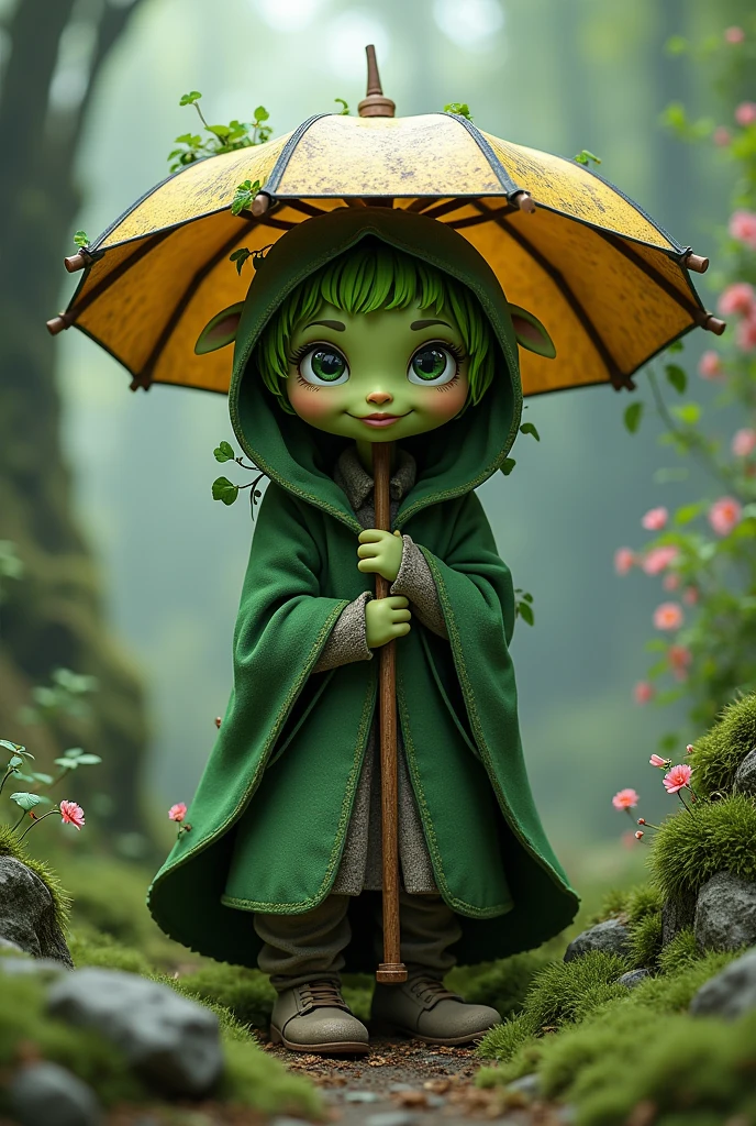 gnome in a forest, very happy, joy with a sunflower flower in his hands, making mischief, purple hair, hair spread out, wizard hat, flower on head, multicolored eyes, long pointy ears, smile, glowing light, god rays, ray tracing, reflection light, blind box toy style, UHD, high quality, super detail, HD, highres, HD, 16k