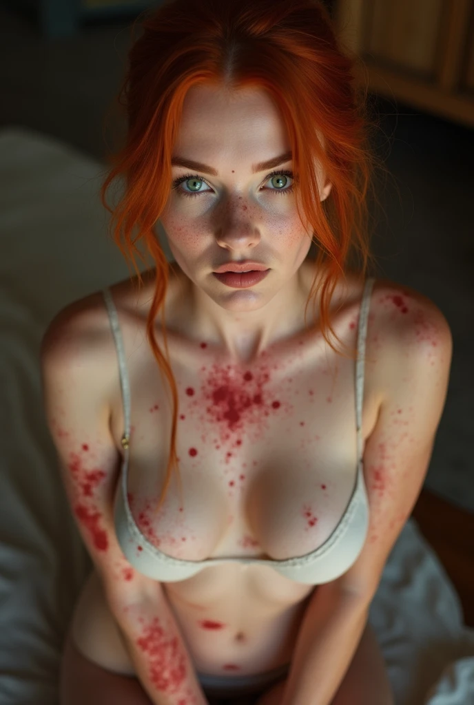 Young,  zombie redhead girlkid, decrepit, messy, dirty, lactating sauce blood from pussy, red vaginal fluid, lots, smiling