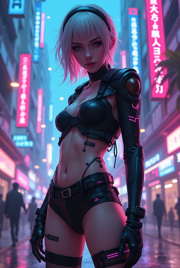 Extreme realistic,one girl, lucy from cyberpunk edgerunners, backwards, looking to the viewer, plano americano, cyberpunk,tiny bikini