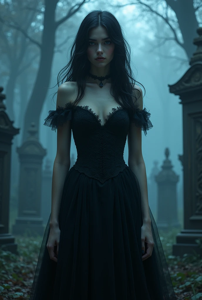arafed woman in a black dress with short messy wavy black hair and a necklace, promotional still, anya taylor - joy vampire queen, artstyle tom bagshaw, beautiful female vampire, carmilla vampire, portrait of a young witch, vampire fashion, samara weaving vampire, tom bagshaw weta studio, with red hair, photo still, witchy clothing, beautiful female witch in fog filled graveyard, H R Giger style, Photorealistic, 8k