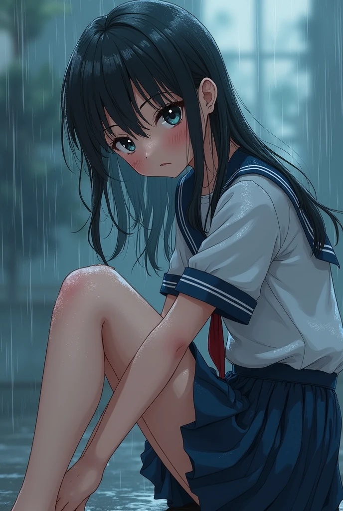 1girl、Black Hair、Sailor suit、Wet clothes、Wet Hair、Grass、heavy rain、evening、Reflection on the water、puddle、deep faint light 、 detailed CG、high resolution