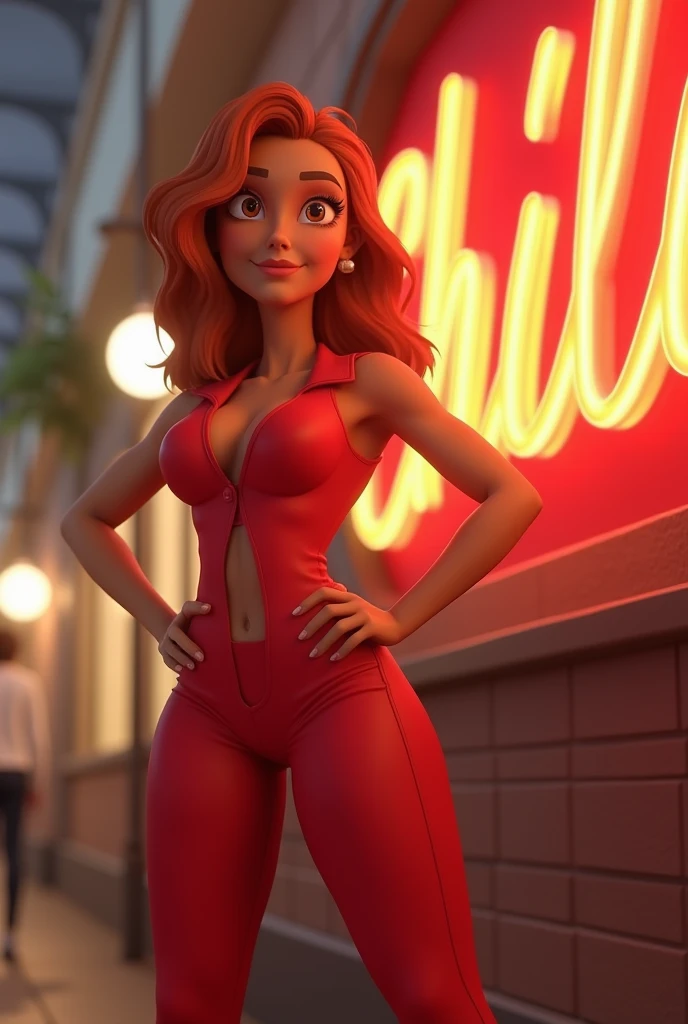a woman in a red top and blue panties walking down a street, stores, bars, clubs, in background, sixties pinup, stylized digital illustration, pinup style, inspired by lachata, in style of digital illustration, art style, digital art, eighties pinup style, eighties-pinup style